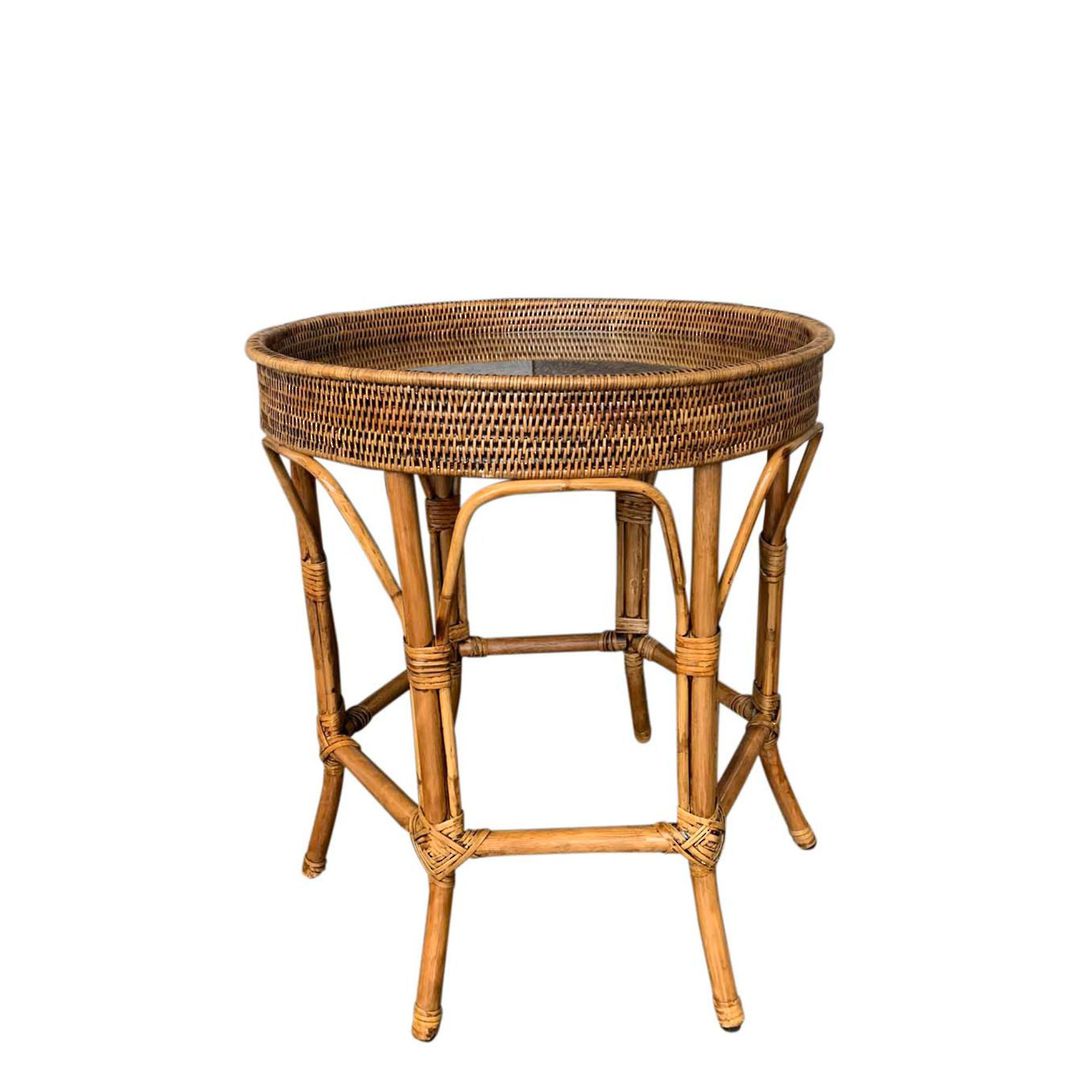 RATTAN COLONIAL ROUND SIDE TABLE WITH GLASS INSERT image 0